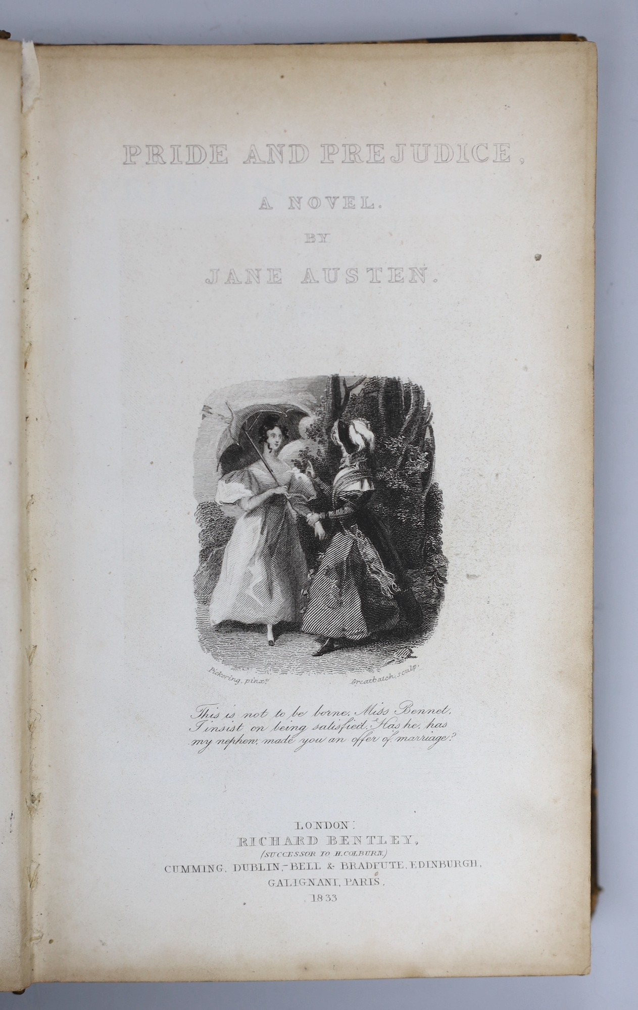Austen, Jane - Pride and Prejudice. A Novel. First Collected Edition. pictorial engraved and printed titles, frontis; mid 19th century half calf and marbled boards, panelled spine with black label